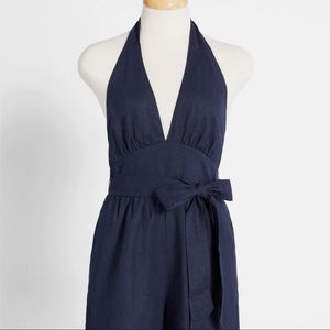 ModCloth Halter Open Back Romper - Large, Navy Blue